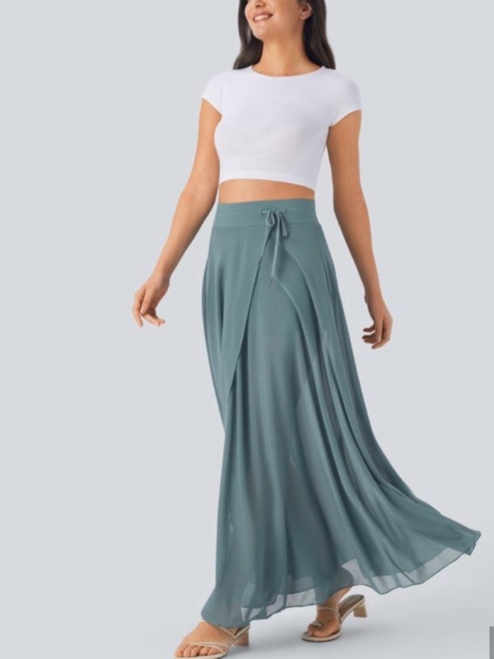 HALARA high waist drawstring contrast mesh 2 in 1 pocket flowy maxi flare skirt